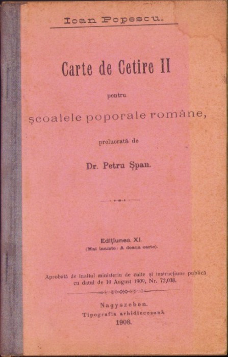 764SPN Carte de Cetire II pentru școalele poporale rom&acirc;ne 1908 Sibiu