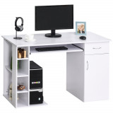 HOMCOM Birou pentru PC, Ergonomic, cu Rafturi, Dulap, Sertar și Suport pentru Tastatură Extensibilă, 120x60x74 cm, Alb | Aosom Romania