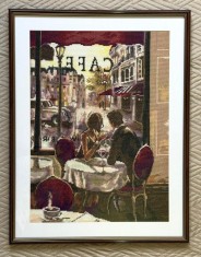 Vand goblen mare, inramat, unicat, cusut manual: cuplu romantic la cafenea. Large, framed, unique, handmade, hand-stitched tapestry: couple at cafe