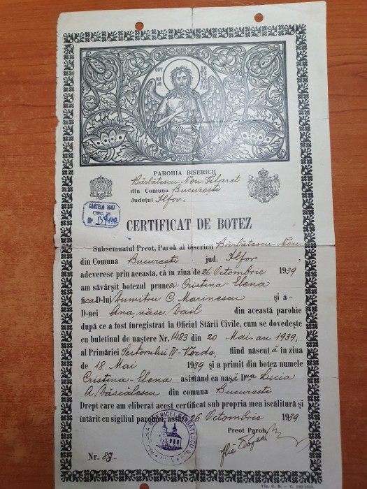 certificat de botez din 26 octombrie 1939 -bucuresti