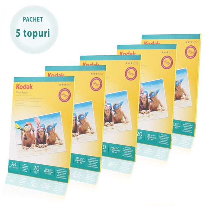 Pachet 5 topuri hartie foto Glossy, 180 g Kodak A4, 100 coli