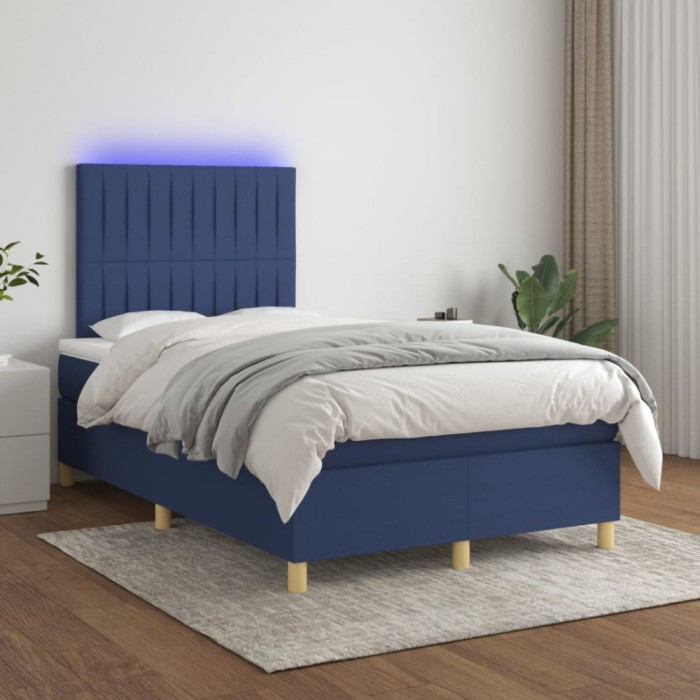 vidaXL Pat cu arcuri, saltea și LED, albastru, 120x200 cm, textil 3135587