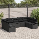 Set canapea gradina Gossi de 9 piese cu perne negre din ratan poli, canapea gradina Gossi de 2 locuri cu spatiu de stocare &amp; perne negre din ratan pol