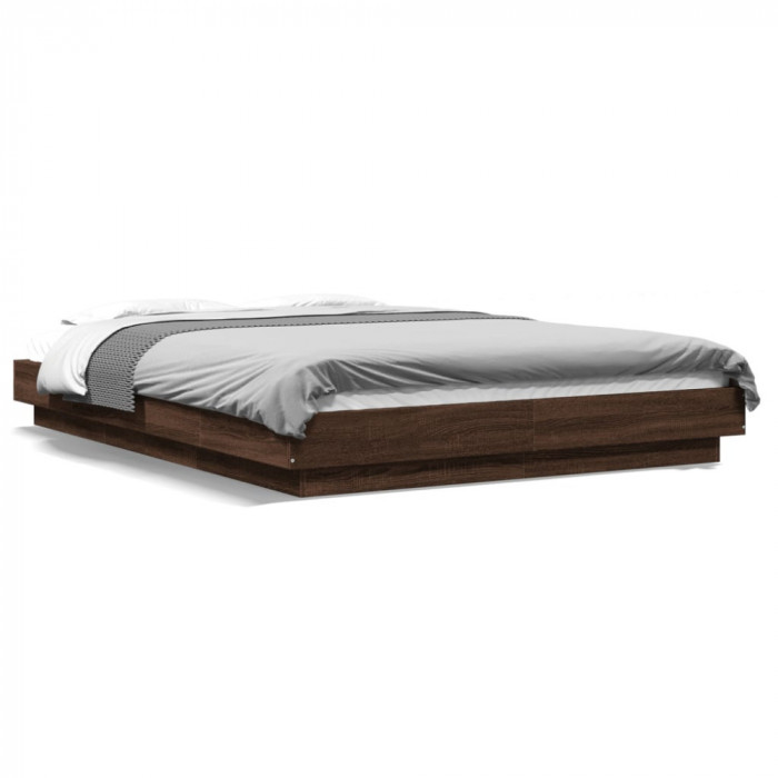 vidaXL Cadru de pat cu lumini LED stejar maro 140x190cm lemn prelucrat
