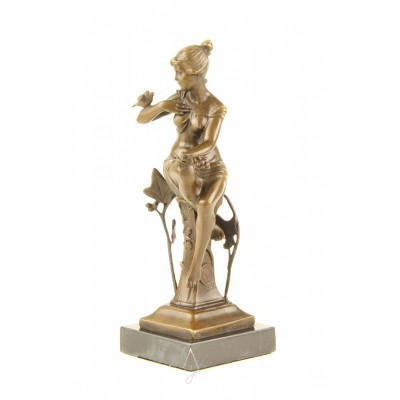 Femeie cu o pasare - statueta din bronz pe soclu din marmura XT-5 foto