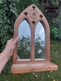 * Oglindă vintage, lemn sculptat manual, stil indian, forma deosebita arc de templu (tip Jharokha), 40cm x 24cm