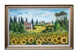 Cumpara ieftin Tablou peisaj din Toscana cu floarea soarelui pictat manual inramat, 110x70cm ulei pe panza, Stefan Bilibou