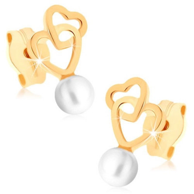 Cercei din aur 375 - două contururi de inimă conectate, perlă rotundă albă foto