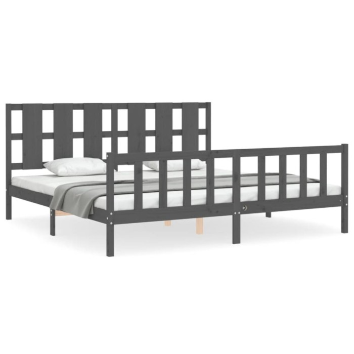 Cadru pat cu tablie 200x200 cm, gri, lemn masiv