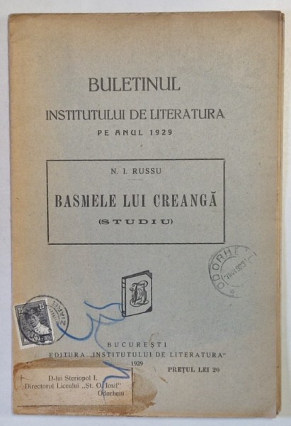 BASMELE LUI CREANGA - STUDIU de N . I. RUSSU , 1929