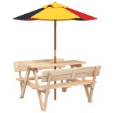 Masa de picnic pentru 4 copii, cu umbrela, lemn masiv brad