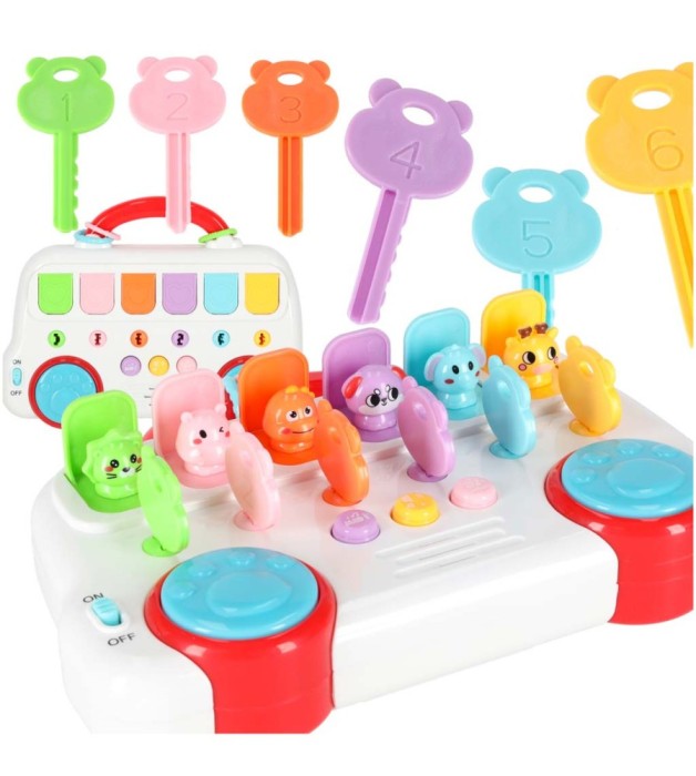 Jucarie interactiva Autobuz educativ cu animale pop-up si chei colorate