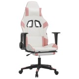 Scaun gaming de masaj/suport picioare, alb/roz, piele ecologica