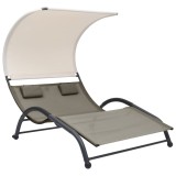 Cumpara ieftin Șezlong de plajă dublu cu baldachin, gri taupe, textilenă