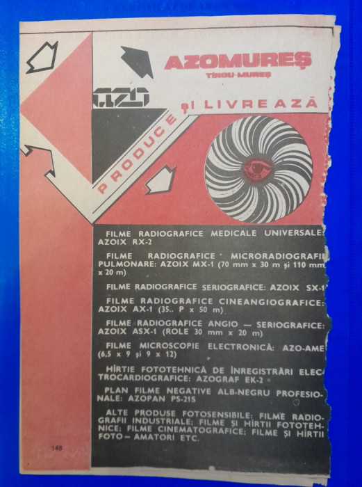 1987, Reclamă AZOMURES comunism 24x16 cm TG MURES filme si hartie fotografica