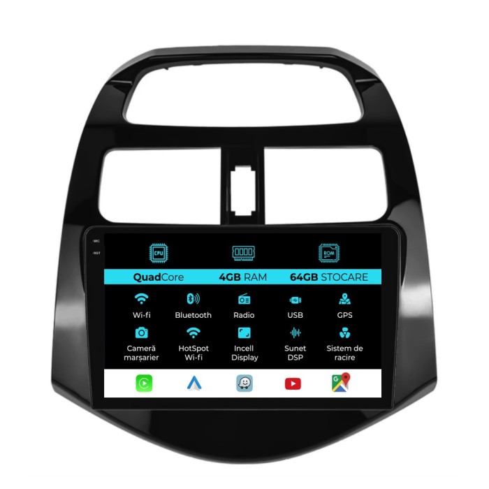 Navigatie Dedicata Chevrolet Spark (2009-2015), QuadCore, 9Inch, 4Gb Ram, 64Gb Stocare, Carplay