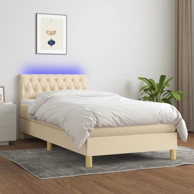 vidaXL Pat cu arcuri, saltea și LED, crem, 90x190 cm, textil 3133922 foto