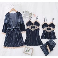 Set Pijama De Dama 4 Piese Gri Petrol Din Catifea- MEI14