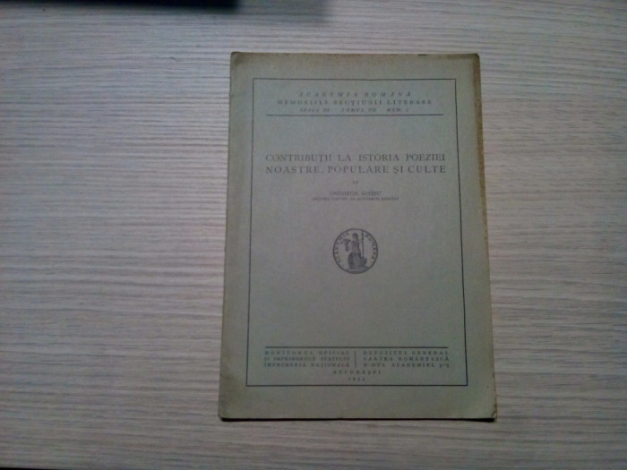 CONTRIBUTII LA ISTORIA POEZIEI NOASTRE, POPULARE SI CULTE - Onisifor Ghibu -1934