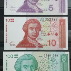 BC33, 3 bancnote necirculate Croatia-5, 10 si 100 dinari