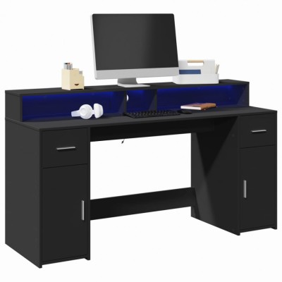 vidaXL Birou cu lumini LED, negru, 160x55x91 cm, lemn prelucrat foto