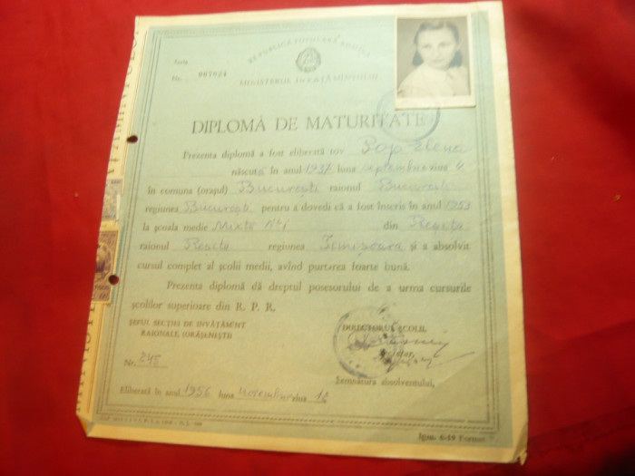 Diploma de Maturitate 1956 la Sc.Medie Mixta Resita