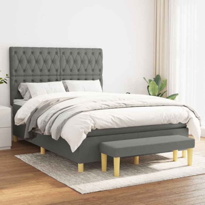 vidaXL Pat box spring cu saltea, gri &icirc;nchis, 140x190 cm, textil 3137390