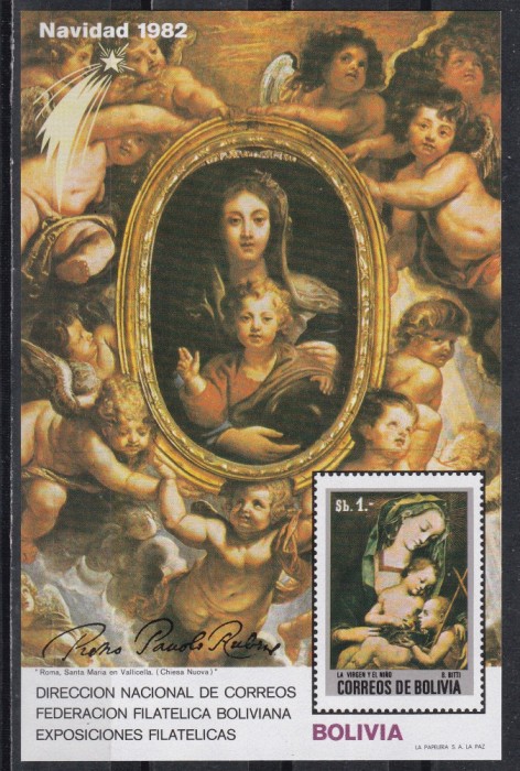 Bolivia 1982 - Crăciun- Picturi de Peter Paul Rubens,Colita NDT,Cota 60 Euro,MNH