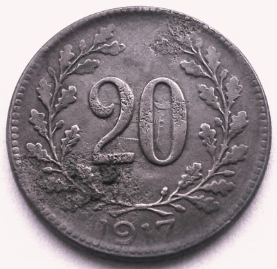 S1. AUSTRIA 20 HELLER 1917, 3.5 g, EROARE PE CAMPUL 20 SUPRAIMPRIMATI ZIMTII ** foto