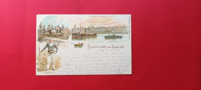 Litho Galati Salutari din Galati Marinar Vederea Portului Litografie