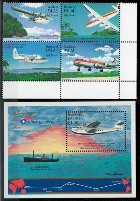 Palau 1985 Mi 92/95 + bl 1 MNH - 50 de ani de posta aeriana peste Pacific