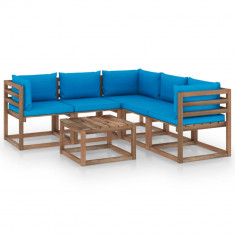 vidaXL Set mobilier de grădină cu perne bleu, 6 piese, lemn pin tratat foto