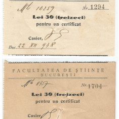 România, Facultatea de Științe București, lot 2 bonuri fiscale, 1938-1939