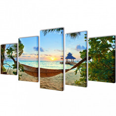 Set tablouri de perete cu imprimeu plaja cu nisip si hamac, 200x100cm foto