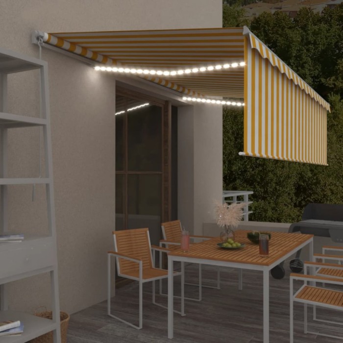 vidaXL Copertină retractabilă manual cu stor&amp;LED, galben&amp;alb, 5x3 m