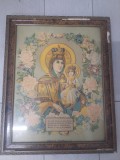 Icoana veche 37/47 cm,Icoana ortodoxa MAICA DOMNULUI CU PRUNCUL ISUS cu text profund Religios,TU,INTRE FEMEI CEA MAI ALEASA ,litografie veche RARA, Dreptunghiular, Lemn