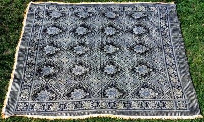 Cuvertura vintage de canapea brocat auriu, motive romburi florale 200x165cm foto