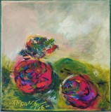 Pictură originală ulei pe p&acirc;nză &bdquo;Maci roșii &icirc;ntr-o poiană verde&rdquo; 20x20 cm, pe șasiu. Certificat cu semnătura și ștampila artistului