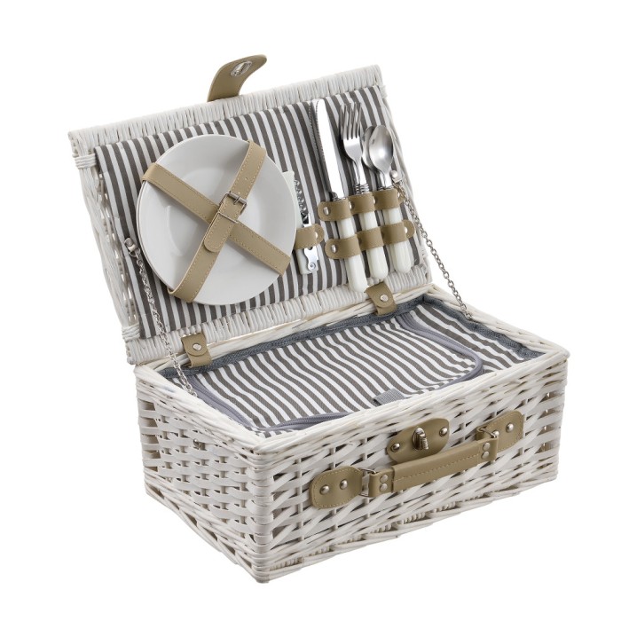 [casa.pro]&reg; Cos picnic 2 persoane, 38 x 25 x 16 cm, rachita/poliuretan-imitatie piele/textil, alb HausGarden Leisure