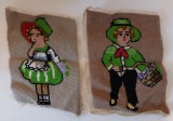 2 buc lucru de mana goblen fetita si baiat, cusut de mana pe etamina, vechi, vintage, 24x18cm