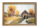 Tablou pictat manual inramat, Moara de apa la Falticeni, 65x45cm ulei pe panza, rama din lemn, Geo Ungureanu