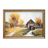 Tablou pictat manual inramat, Moara de apa la Falticeni, 65x45cm ulei pe panza, rama din lemn, Geo Ungureanu