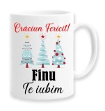 Cana alba personalizata Craciun Fericit Finu, Te iubim, INOVATIX&reg;. 330ml