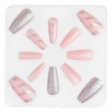 Set Unghii False Coffin Roz cu Glitter Argintiu, 12 buc, CMCLASS