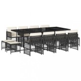 Set mobilier de gradina cu perne, 13 piese, negru, poliratan