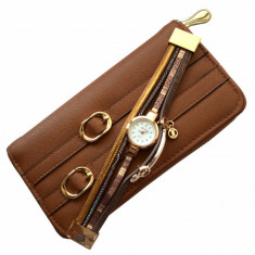Pachet portofel elegant de dama cu fermoar maro + ceas maro cu inchizatoare tip bratara foto