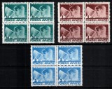 Romania 1936, LP VII.5, Michel #20-22, Trimiteri postale, Fondul Aviatiei, seria in blocuri de 4, MNH!