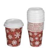 Pahare de h&acirc;rtie roșii cu model carouri și fulgi, cu capace, 270 ml, set 10 buc, CMCLASS