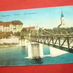 Ilustrata Oradea - Podul cu 3 soldati si Biserica Reformata ,stamp.Cenzura 1918