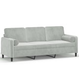 Canapea cu 3 locuri cu pernute, gri deschis, 180 cm, catifea